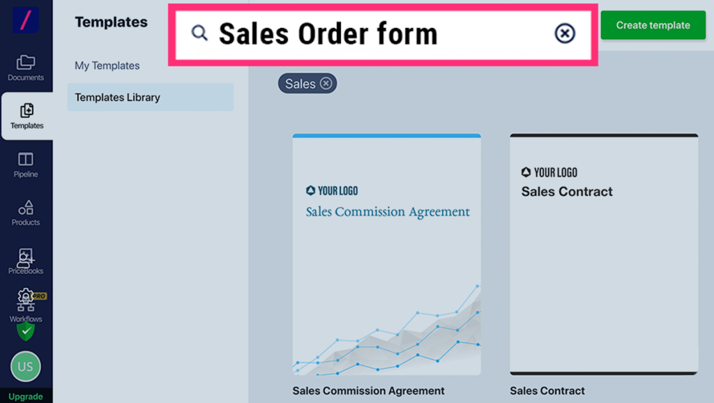 Choose a sales order template from Revv's template library