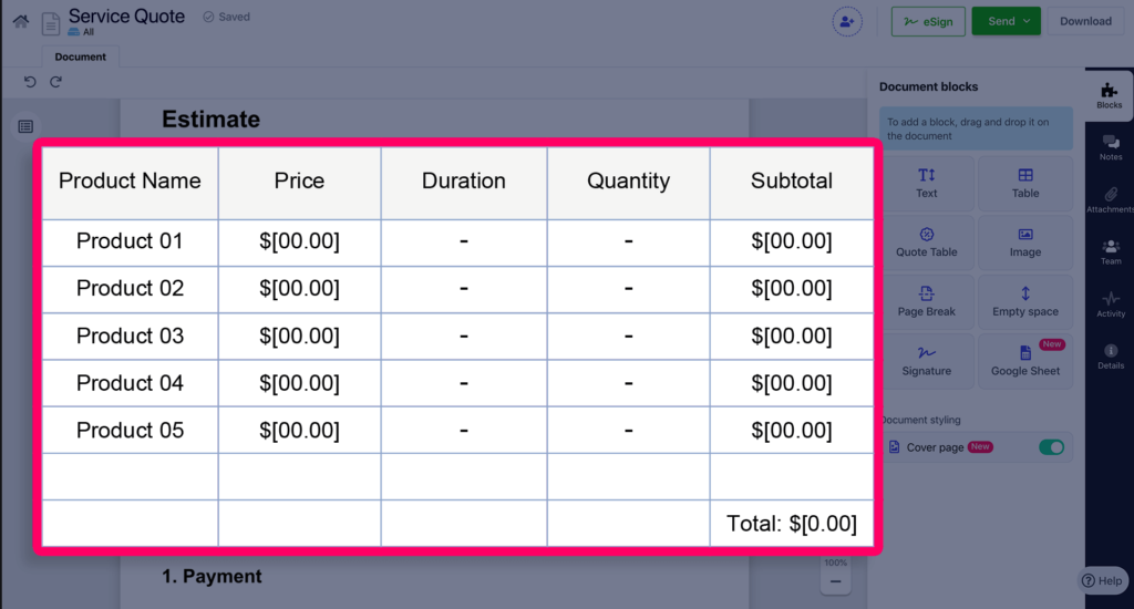 Present the pricing information in a concise table format in your business quotation. 