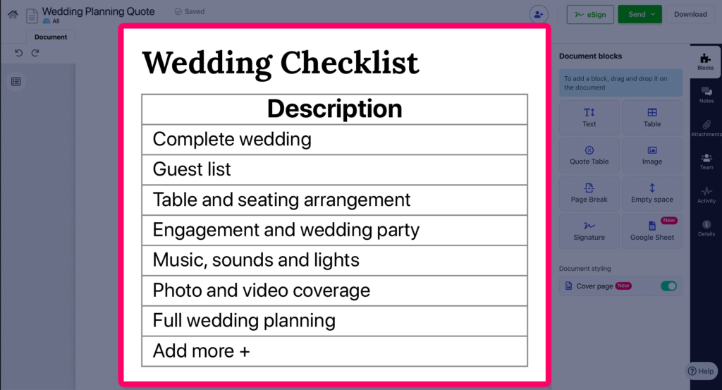 Revv offers templates with optional detail as a component in the wedding planning quotes.
